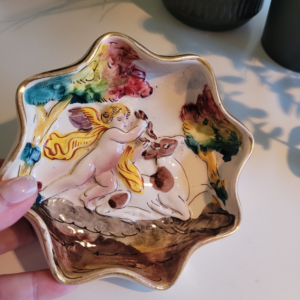 Vintage Capodimonte Porcelain Hand Painted Trinket Ring Dish Cherub Italy